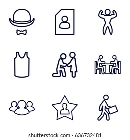 Man icons set. set of 9 man outline icons such as singlet, courier, group, favourite user, meeting, hat and moustache, bodybuilder, resume