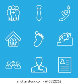 Man icons set. set of 9 man outline icons such as foot print, businessman, medical group, family home, tie, resume, winner, stairs