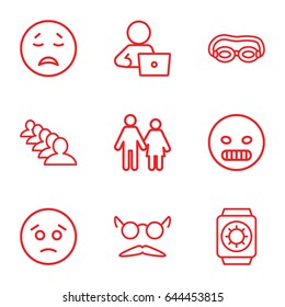 Man icons set. set of 9 man outline icons such as group, mustache and glasses, man with laptop, wrist watch with sun, sad emot, crying emot, angry emot, couple