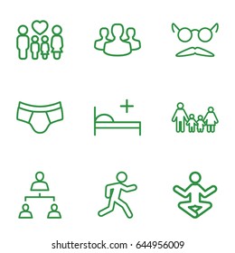 Man icons set. set of 9 man outline icons such as man underwear, mustache and glasses, running, family, medical bed, structure, user group