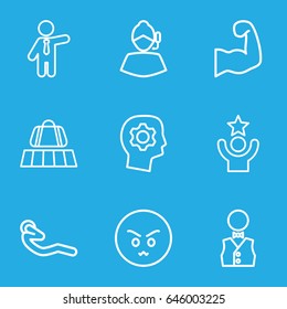Man icons set. set of 9 man outline icons such as luggage belt, businessman, abdoninal workout, waiter, muscular arm, angry emot, celebrity, gear in head