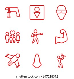 Man icons set. set of 9 man outline icons such as nose, male wc, nail gun, family, karate, muscular arm, hang glider, man in smart glasses
