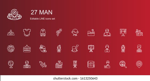 man icons set. Collection of man with delivery courier, guests book, presentation, cashier, escalator, globe, businessman, strategy, girl, stewardess. Editable and scalable man icons.