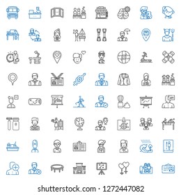 man icons set. Collection of man with id card, gym, couple, strategy, office, trampoline, user, toilet, tsunami, employee, librarian, student. Editable and scalable man icons.