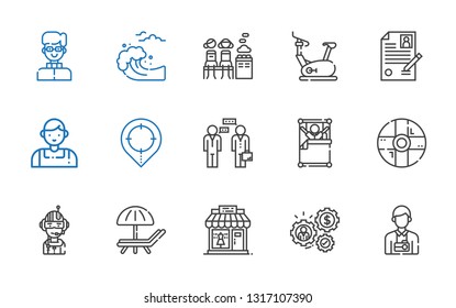 man icons set. Collection of man with photographer, working, clothing shop, sunbed, pilot, help, wake up, conversation, placeholder, salesman. Editable and scalable man icons.