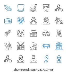 man icons set. Collection of man with student, user, woman, employee, clothing shop, trampoline, id card, german, customer service, couple, office. Editable and scalable man icons.