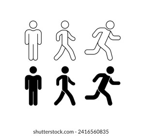 Juego de iconos de hombre. Hombre de pie, caminando y corriendo. Lineal y silueta. Iconos del vector