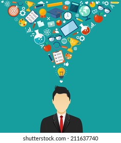 Man with icons. Student with ideas flat illustration. Eps10