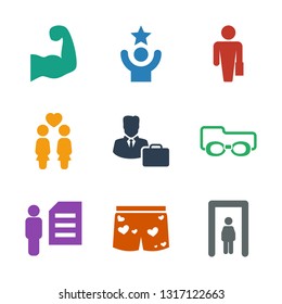 man icons. Trendy 9 man icons. Contain icons such as metal gate detector, underwear with heart, man and document, swimming glasses, male consultant with case. icon for web and mobile.