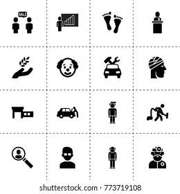 Man icons. vector collection filled man icons. includes symbols such as harvest, car repair, car service, user search, speaker, lecturer. use for web, mobile and ui design.
