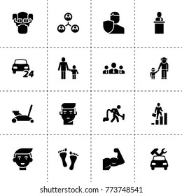 Man icons. vector collection filled man icons. includes symbols such as businessmen group, structure, car repair, car jack. use for web, mobile and ui design.