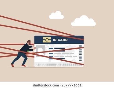 Man with ID card tied up with red tape trying to run away with full effort. Struggle with career obstacle, limitation and trap or personalities. Flat vector illustration.