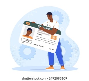 Man with ID card. Young guy with drivers license. Citizen with document. International identification. Identity and signature. Flat vector illustration isolated on white background