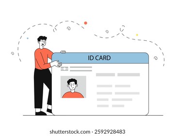 Man with ID card. Young guy with huge documents. Teenager with driver license. Personal identification and authentication. Person with passport. Linear vector illustration