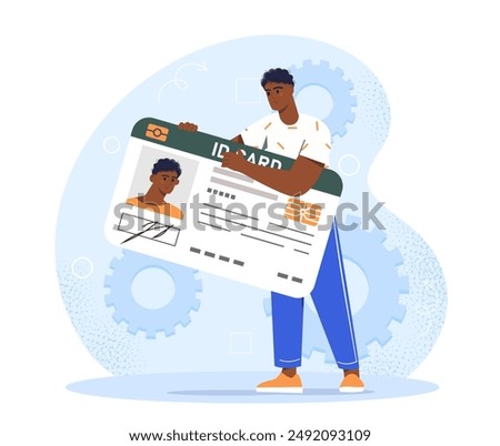 Man with ID card. Young guy with drivers license. Citizen with document. International identification. Identity and signature. Flat vector illustration isolated on white background