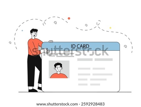 Man with ID card. Young guy with huge documents. Teenager with driver license. Personal identification and authentication. Person with passport. Linear vector illustration