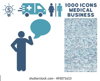 Man Idea Balloon icon with 1000 medical business cyan and blue vector pictographs. Set style is flat bicolor symbols, white background.