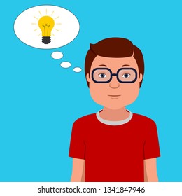 Man and idea bulb in thought bubble. Vector illustration.