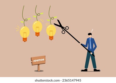 Man with idea. Business people are taking existing solutions, business people are cutting solutions in the form of light bulbs, taking ideas for yellow light bulbs.