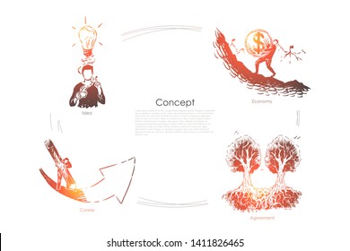 Man with idea, businessman carrying coin, woman drawing arrow, trees with interlacing roots, metaphors banner. Brainstorm, economy, career and agreement concept sketch. Hand drawn vector illustration