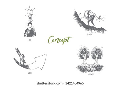 Man with idea, businessman carrying coin, woman drawing arrow, trees with interlacing roots, metaphors banner. Brainstorm, economy, career and agreement concept sketch. Hand drawn vector illustration