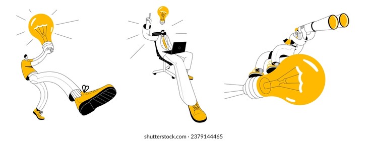 Hombre con idea, personaje buscando idea, hombre con ropa de negocios volando sobre bombilla. Conjunto de ilustraciones vectoriales en estilo lineal. Tema de búsqueda de inversores, desarrollo de ideas.