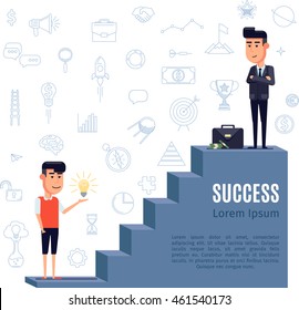 The man with the idea of climbing the ladder of success. Businessman with a briefcase of money is at the top of the stairs. Flat cartoon vector illustration.