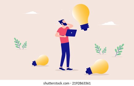 Man with idea - Entrepreneur person coming up with invention and new ideas, thinking, scratching head and light bulbs. Flat design vector illustration
