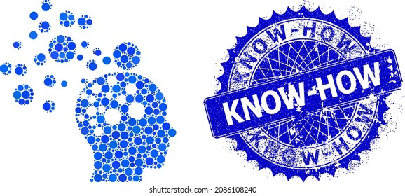 Man idea generation vector collage of round dots in different sizes and blue color tinges, and distress Know-How badge. Blue round sharp rosette badge includes Know-How caption inside it.