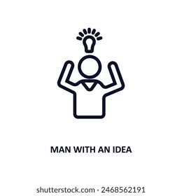 Mann mit einer Idee-Ikone. Dünner Mann mit einer Idee-Ikone aus der Leute-Kollektion. Umriss-Vektorgrafik isoliert auf weißem Hintergrund. Editierbarer Mann mit einem Ideensymbol kann Web und mobil verwendet werden