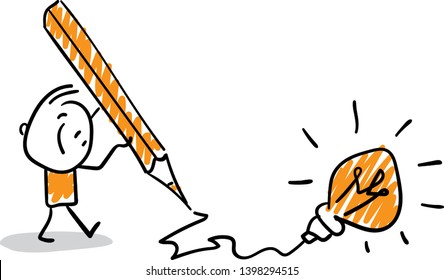 Man with the idea. Lamp. Doodle style vector illustration object isolated. Hand draw line art cartoon design character.
