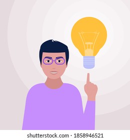 Man with idea light bulb head concept. Idea brainstorming. Vector illustration in a flat style.