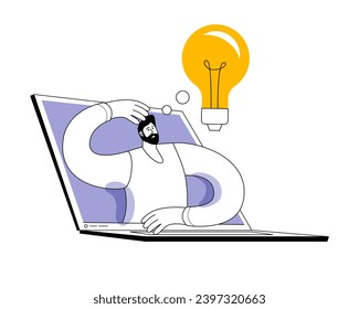 Un hombre con una idea. Hombre en la pantalla del portátil. Ilustración vectorial en estilo lineal. El tema es búsqueda en línea, desarrollo de ideas.