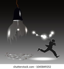Man is an idea. A man stole energy. Conservation of energy. Vector illustration.