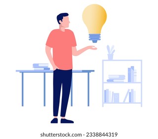 Man with idea - Vector illustration of casual person standing with light bulb relaxed, coming up with ideas. Flat design with white background