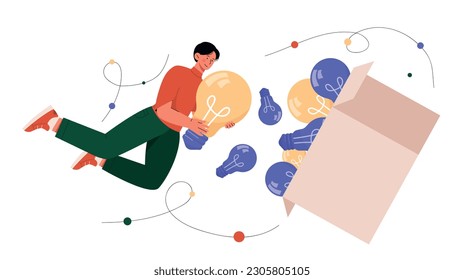 Hombre con idea. Joven con una caja de bombillas. Persona creativa con ideas y lluvia de ideas. Emprendedor con proyectos empresariales y nuevas empresas. Dibujo vectorial plano de dibujos animados