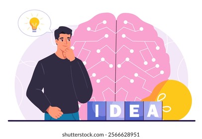 Man with idea. Young guy near huge brain and light bulb. Creativity and aspiration, inspiration. Brainstorming and insight. Businessman with problem solution. Flat vector illustration