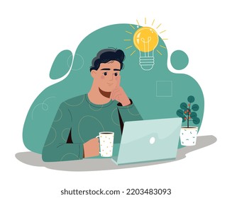 Hombre con idea. Un chico joven sentado en una laptop tratando de resolver un problema. Ilustración e inspiración, lluvia de ideas. Emprendedor lanza start up, persona creativa. Dibujo vectorial plano de dibujos animados