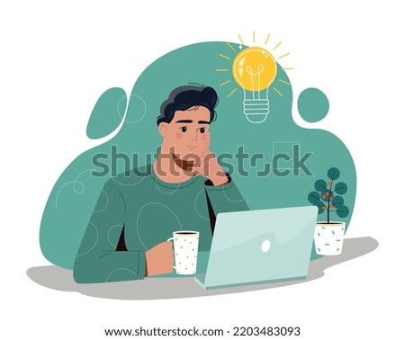 Man with idea. Young guy sitting at laptop and trying to solve problem. Enlightenment and inspiration, brainstorming. Entrepreneur launches start up, creative person. Cartoon flat vector illustration