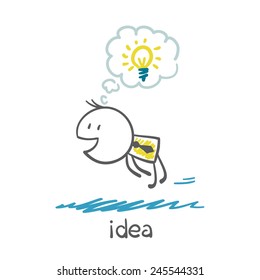man with idea-bulb flies illustration