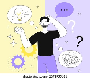 Man with ideas line concept. Young thoughtful guys with light bulb in speech bubble. Brainstorming and insight. Businessman with start up or business project. Linear flat vector illustration