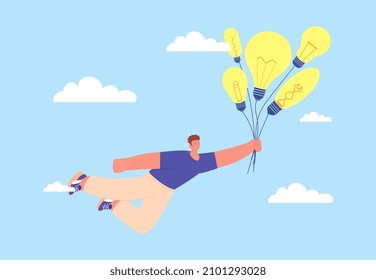 Man and ideas metaphor. Business problem solution. Dreaming person with many ideas. Creator or dreamer, guy flying on lamp bulbs balloons in sky, vector concept