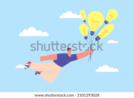 Man and ideas metaphor. Business problem solution. Dreaming person with many ideas. Creator or dreamer, guy flying on lamp bulbs balloons in sky, vector concept