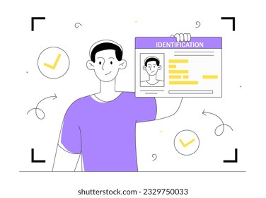 Mann mit Identifizierungslinie Konzept. Junge Junge mit seinem Ausweis in der Hand. Ausländer Reisepass und Führerschein. Pass für Studierende oder Massenmedienarbeiter, Journalist. Lineare flache Vektorgrafik