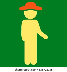 Man Idler vector icon. Style is bicolor flat symbol, orange and yellow colors, rounded angles, green background.