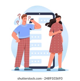 Man ignores woman. Young guy with phone does not notice young girl. Problems in relationships. Boyfriend read messages in social networks. Flat vector illustration isolated on white background
