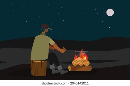 A man is illustrated cooking in the log cabin fire outside his camp