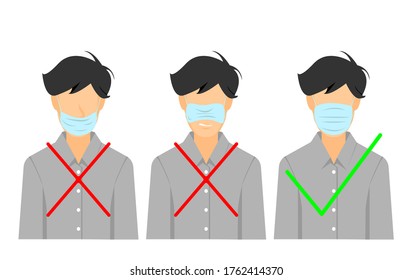 Man illustration of how to wear face mask properly. flat illustration vector, cartoon