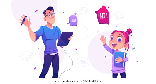 Man illustrator hold tablet and pen and cheerful little girl with book waving hands in greeting gesture saying hello. Profession of artist, graphic designer painting images Cartoon vector illustration