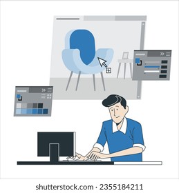 man illustrator working in software drawing abstract shapes with stylus pen. Designer character freelancer or art director concept. Creative process of making vector illustration web UI design. 2388